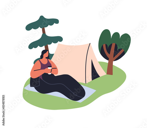 Camper in sleeping bag at campsite, tent. Female character relaxing alone in ...