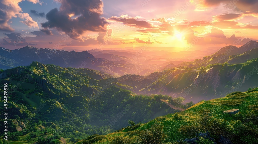 Tranquil sunset over a picturesque 3D mountain range with lush green valleys, ideal for nature lovers. 3D landscape terrain Tranquil sunset over a picturesque 3D mountain range with lush green valleys, ideal for nature lovers. 3D landscape terrain