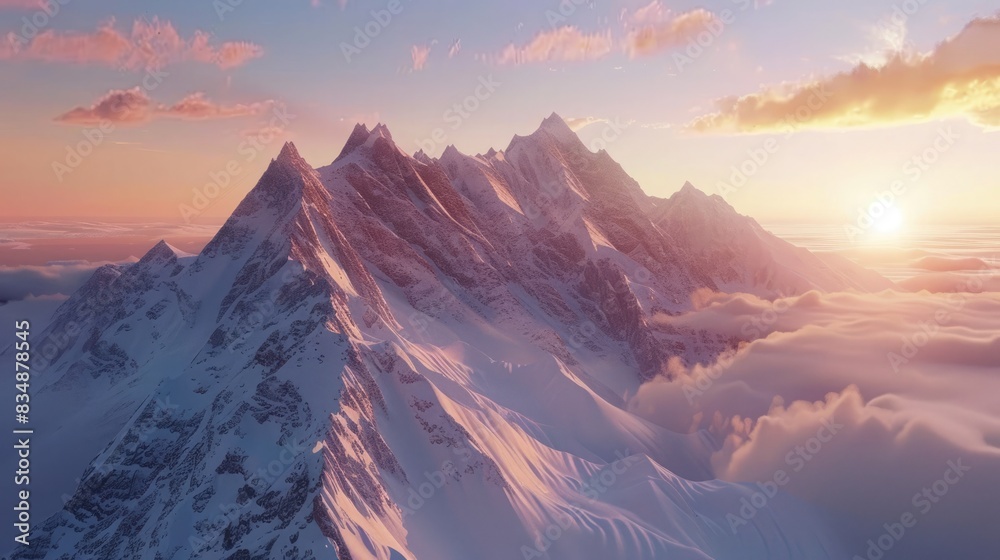 Majestic 3D mountain landscape with snow-covered peaks bathed in the warm hues of sunrise. 3D landscape terrain Majestic 3D mountain landscape with snow-covered peaks bathed in the warm hues of sunrise. 3D landscape terrain