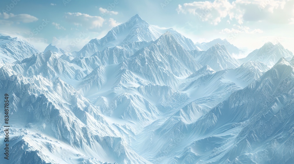 Fototapeta premium Breathtaking snow-covered peaks in a majestic 3D mountain landscape illuminated by sunrise. 3D landscape terrain
