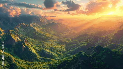 Peaceful sunset over a scenic 3D mountain range with vibrant green valleys, perfect for relaxation. 3D landscape terrain