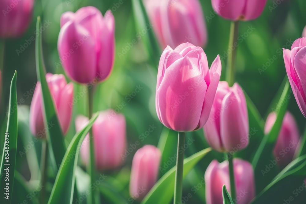 Fototapeta premium Close-up of vibrant pink tulips in full bloom – beauty, nature, gardening