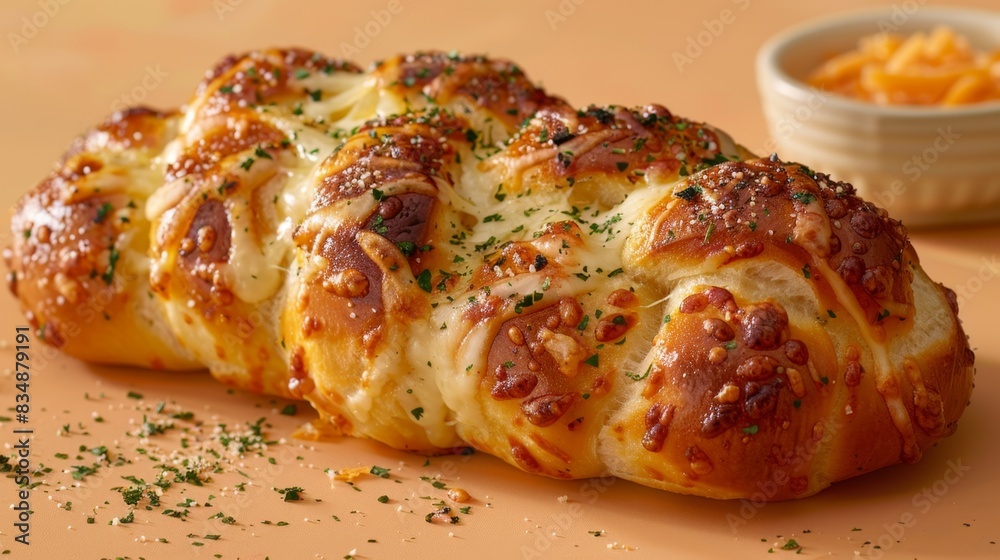 Cheesy Garlic Knot with Melted Mozzarella Cheese on Light Orange Background Cheesy Garlic Knot with Melted Mozzarella Cheese on Light Orange Background