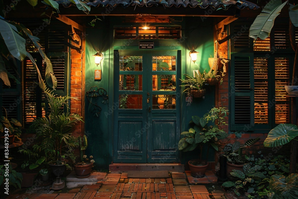 Naklejka premium Green door with plants beside building