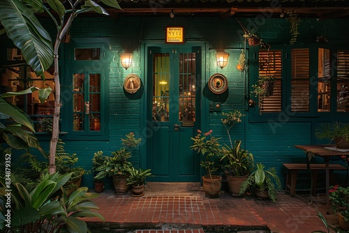 Green house, green door, red brick walkway photo