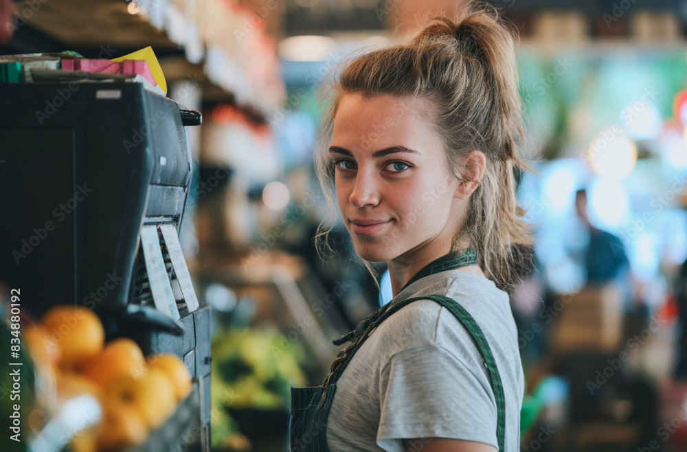 Female Shop Assistant Smiling in Grocery Store Female Shop Assistant Smiling in Grocery Store