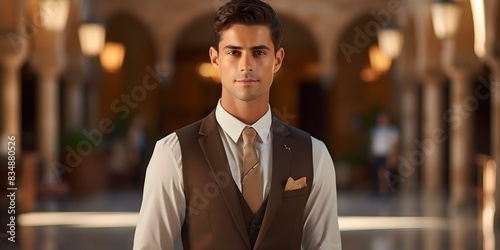 Luxury hotel guest service agent specializing in hospitality and customer service. Concept Hotel Guest Services, Hospitality, Customer Satisfaction, Luxury Experience, Concierge Services photo