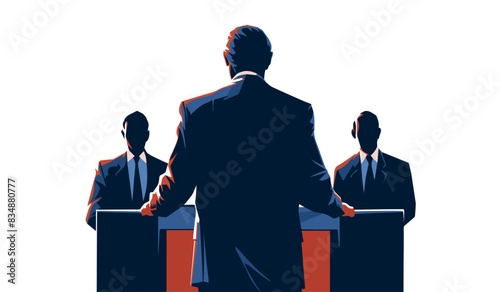 Silhouette of men debating with moderator in foreground isolated on white background