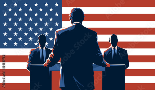 Silhouette of men debating with moderator in foreground with USA flag in a background