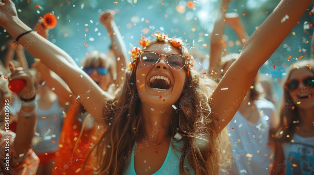 An energetic music festival creates a celebratory atmosphere where friends dance and groove together. Group of young people have fun at a summer camp. Photo intentionally An energetic music festival creates a celebratory atmosphere where friends dance and groove together. Group of young people have fun at a summer camp. Photo intentionally