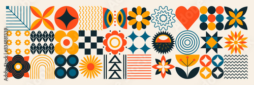 Abstract scandinavian floral background. Spring art. Summer vacation textile pattern. Ukrainian motifs. Geometric mosaic style