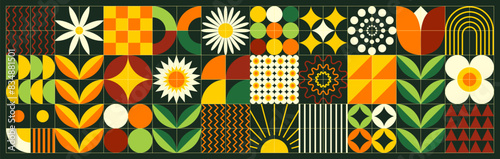 Abstract geometric floral pattern. Scandinavian style. Ukrainian motifs. Natural organic flower plants, eco agriculture concept. Abstraction. Positive minimal illustration