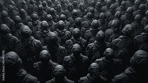 Dark, monochromatic image of a large, masked crowd, creating an eerie and uniform atmosphere, suggestive of mystery and anonymity.