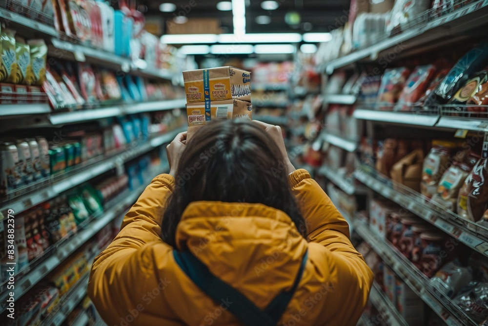 Obraz premium A person in a grocery store aisle holding a package up to eye level for inspection