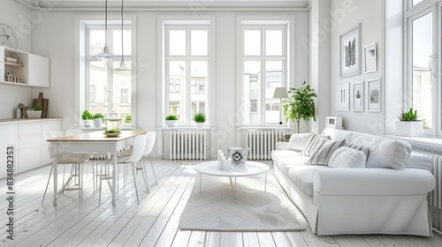 a modern living room with a white sofa, dining table, and a view of the kitchen in the background, exemplifying Scandinavian interior design in a contemporary apartment or house. © lililia