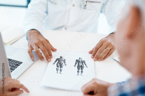 Doctor  hands and consulting with anatomy drawing in hospital for diagnosis  studying and research. People  documents and technology in clinic for health check  visit or medical results and wellness