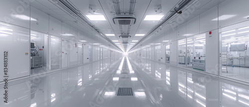 Spacious cleanroom interior with semiconductor production lines