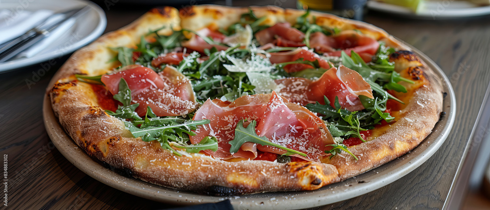 Pizza with prosciutto, arugula, and shaved parmesan Pizza with prosciutto, arugula, and shaved parmesan