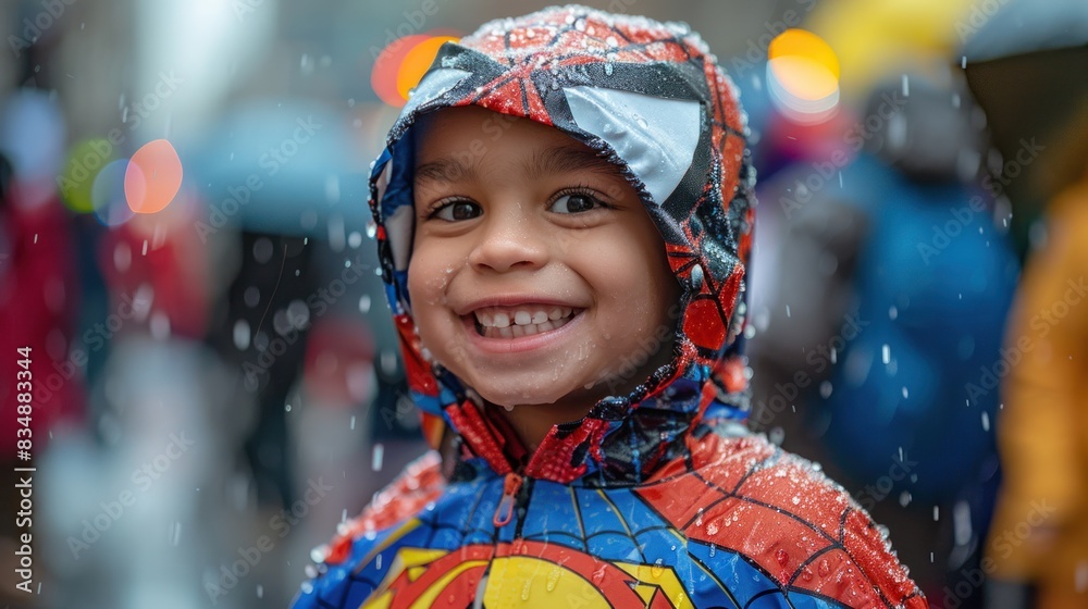 At a rainy day children's parade, a smiling child wears a superhero costume At a rainy day children's parade, a smiling child wears a superhero costume