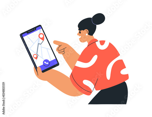 Planning route, travel, trip concept. Tourist with digital map, GPS on phone screen. Online itinerary, direction, find location, order taxi on smartphone. Flat vector illustration isolated on white