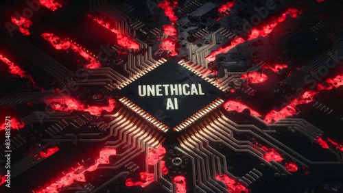 A close-up image of a microchip on a circuit board with red lights, with the words Unethical AI photo