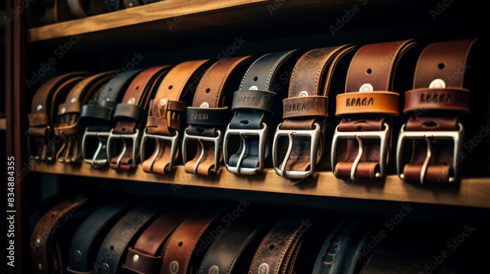 Collection of Handcrafted Leather Belts with Metal Buckles. Generative AI Collection of Handcrafted Leather Belts with Metal Buckles. Generative AI