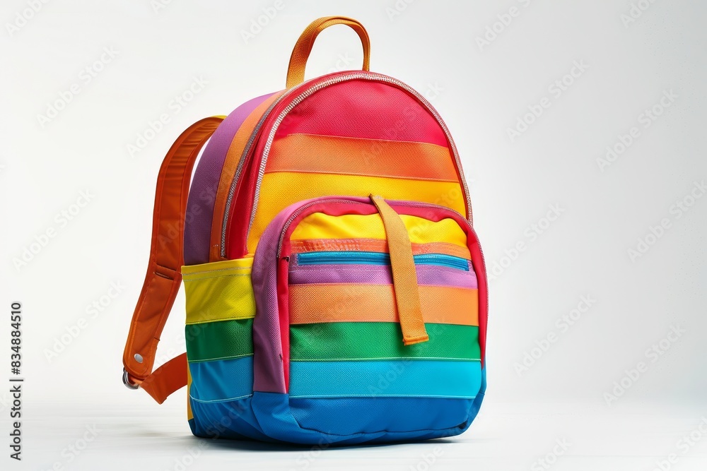 Vibrant rainbow-colored backpack with multiple compartments and adjustable straps, perfect for school, travel, and everyday use. Vibrant rainbow-colored backpack with multiple compartments and adjustable straps, perfect for school, travel, and everyday use.