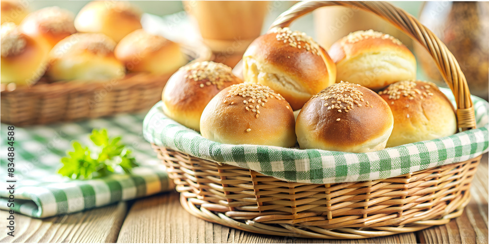 Puffy yeast buns macro lie in a wooden basket Puffy yeast buns macro lie in a wooden basket