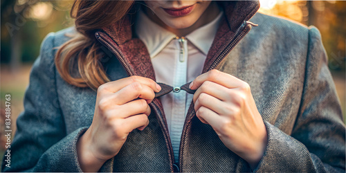 A close-up shot of a woman straightens her brown jacket with her hands in autumn photo