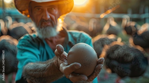 a man holds an ostrich egg in his hands. Selective focus photo