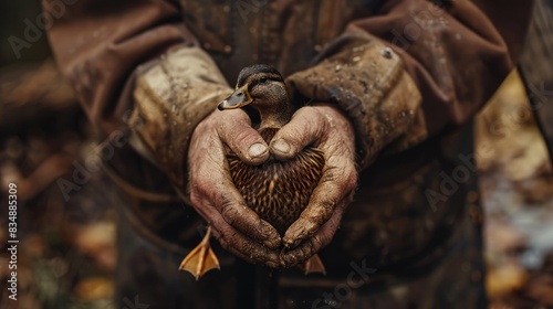 a male farmer holds a duck in his hands. Selective focus