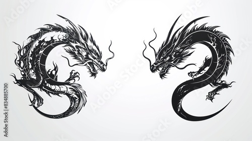 Black logo stamp design over white background of Chinese zodiac dragon as the mythical animal in Eastern Asia culture. photo