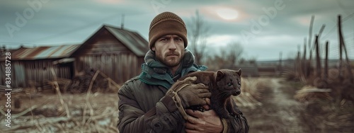 a male farmer holds a mink in his hands. Selective focus photo