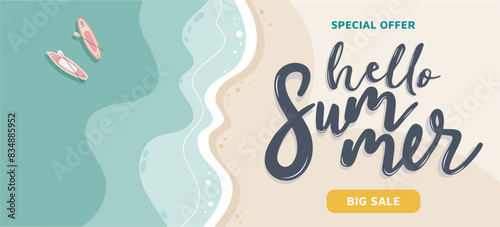 Summer sale promotion banner. Top view of sunny tropical beach with ocean wave, sand, seashells and beach accessories. Template vector illustration.