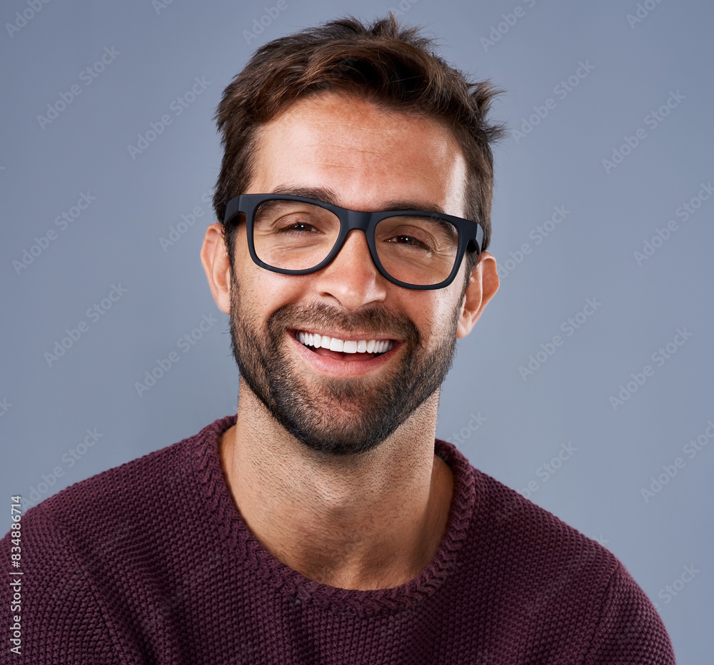 Portrait, happy and man in glasses on studio background for startup business with smart and intelligent face. Creative worker, entrepreneur or IT expert with smile for eye care, vision or confidence Portrait, happy and man in glasses on studio background for startup business with smart and intelligent face. Creative worker, entrepreneur or IT expert with smile for eye care, vision or confidence