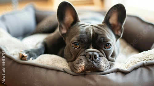 Adorable French Bulldog lying on dog bed indoors.  © Mishi