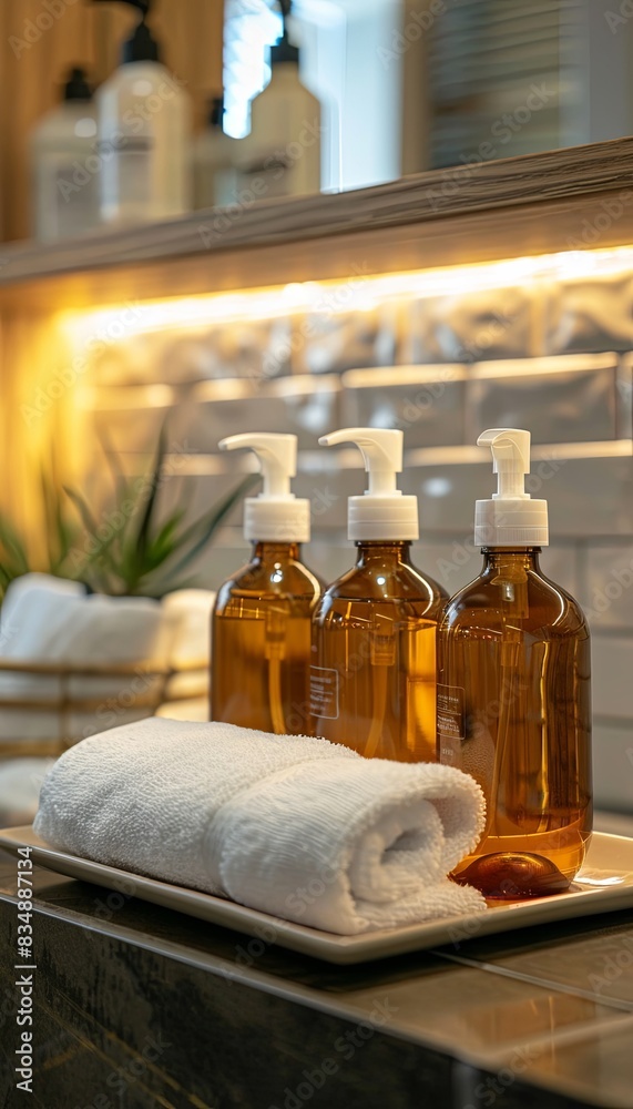 A close-up shot of three elegant shampoo and conditioner bottles arranged on a bathroom counter, with a white towel neatly placed in front. Generative AI