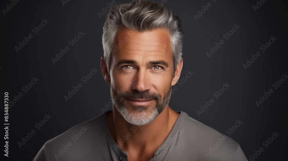 Portrait handsome bearded caucasian mature man looking at camera posing on black studio background Portrait handsome bearded caucasian mature man looking at camera posing on black studio background