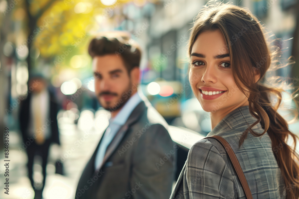 Portrait of beautiful happy young woman and man in business suit, couple coworkers on city street Portrait of beautiful happy young woman and man in business suit, couple coworkers on city street