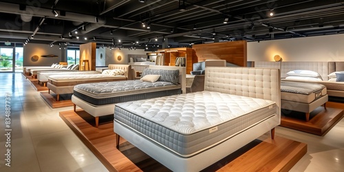 Mattress showroom with elegant beds and pillows lined up in shop, furniture product showcase