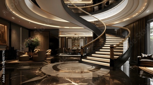 Modern Art Deco home lobby with double curved staircase, French chateau luxury marble floor