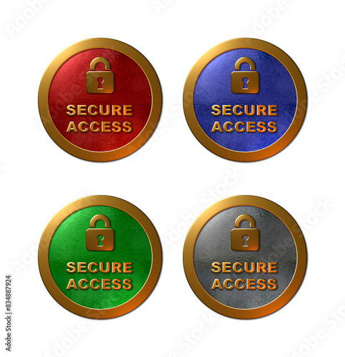 A set of 4 - 3D rendered illustrations of a circular metallic gold seal with a padlock and text 