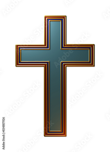 A 3D-rendered illustration of a multi-colour metallic cross with golden metallic wire-frames, isolated on a white background