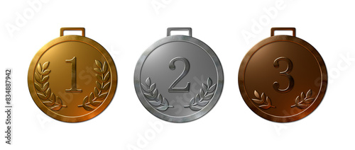 A 3D rendered illustration of a set champion gold, silver and bronze award medals with laurel patterns, Isolated on a white background.