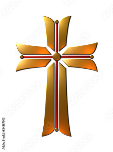 A 3D-rendered illustration of a golden metallic cross isolated on a white background