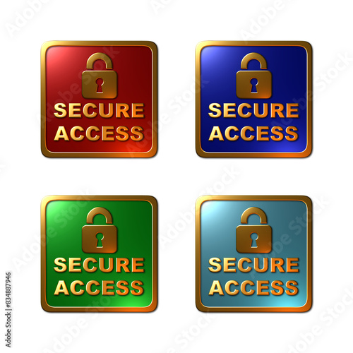 A set of 4 - 3D rendered illustrations of a square metallic gold seal with a padlock and text 