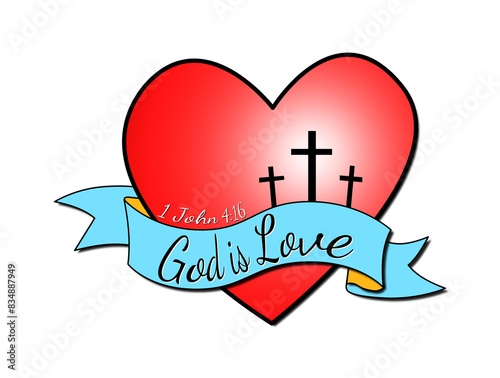 A poster of a red heart with a ribbon containing text 