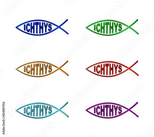 Set of 6 - 3D rendered illustrations of Fish Form Christian Logos in metallic textures gold, red, blue, green purple and light blur with the acronym 