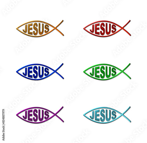 Set of 6 - 3D rendered illustrations of Fish Form Christian Logos in metallic textures gold, red, blue, green purple and light blur with text 