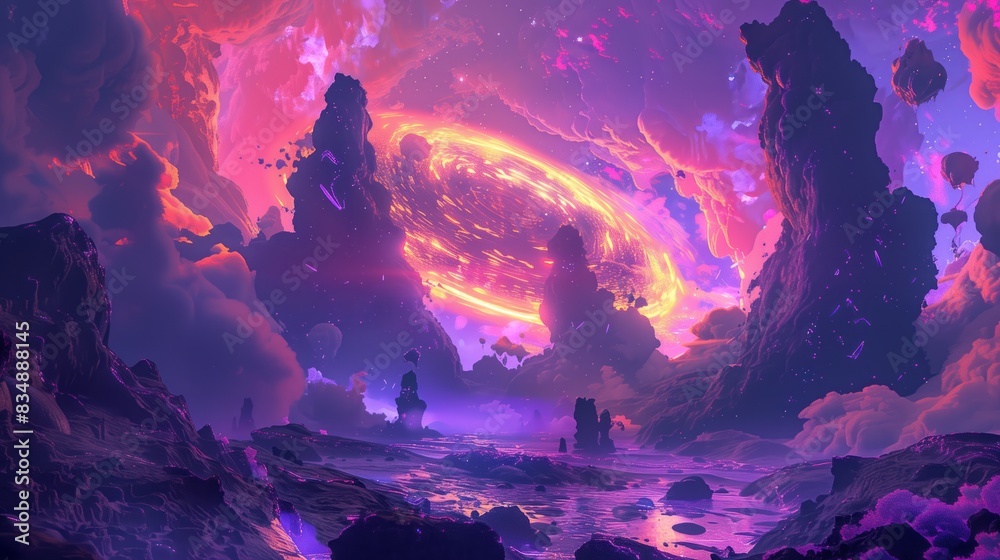 Fototapeta premium A jaw-dropping alien world with towering floating rocks, surreal swirling skies, and a neon-lit forest, creating a stunning and otherworldly atmosphere.